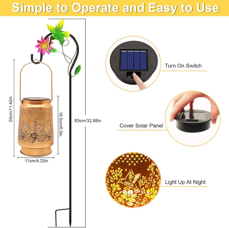 SANDECO Solar Lanterns Outdoor Hummingbird Garden Decor, Gifts for Women Mom Grandma Birthday, Metal Hanging Solar Lights Waterproof with Shepherd Hook LED Decoration Outside for Garden Yard Patio Porch - Image 5